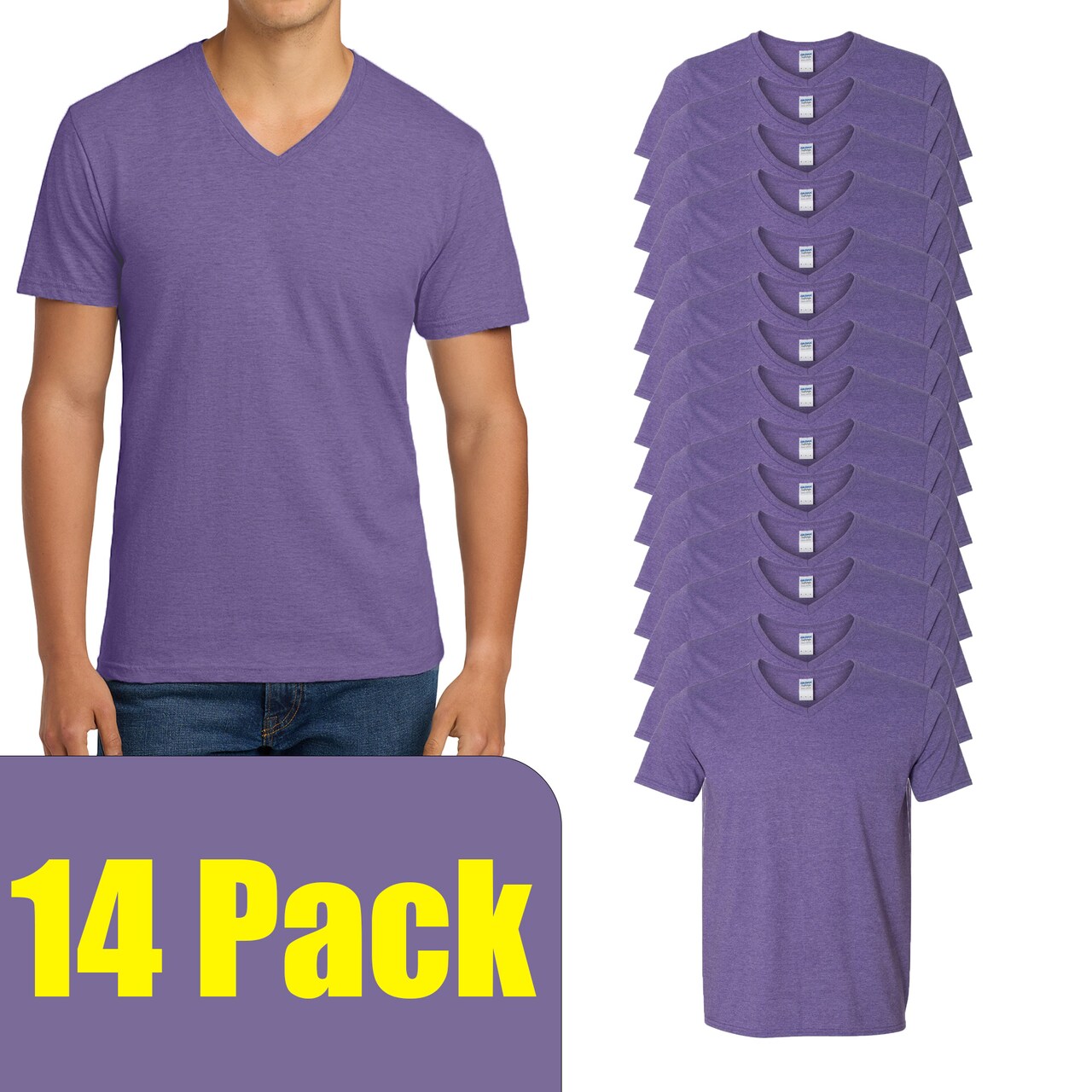 Gildan Men's Softstyle Short Sleeve V-Neck T-Shirt for DIY Projects & Printing, Heather Purple, S-5XL